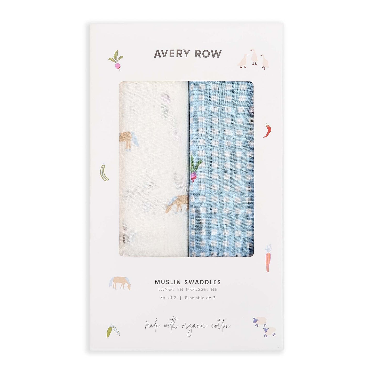 Organic Cotton Baby Muslin Swaddles, Set of 2 - Little Farm / Radish Avery Row Wholesale