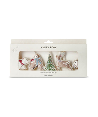 Embroidered Tree Decorations, Set of 5 - Wintry Woodlands