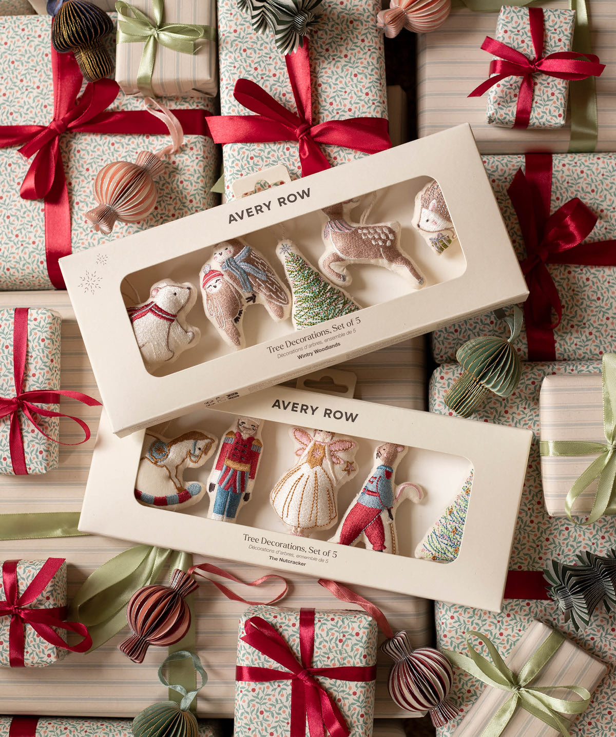 Embroidered Tree Decorations, Set of 5 - Wintry Woodlands