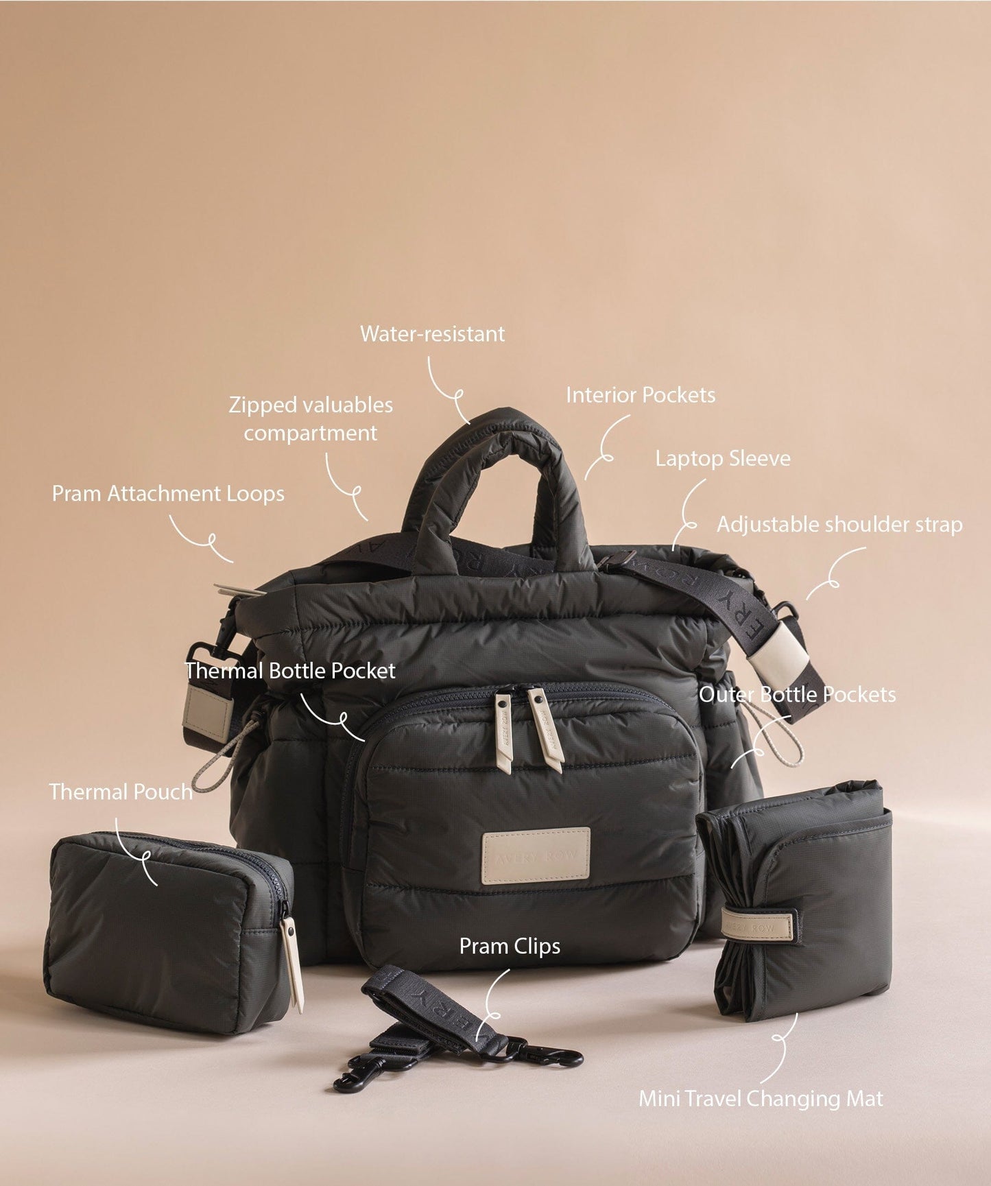 Avery Row | Baby Changing Tote Bag | Soft Black Changing Bags & Travel Changing Mats Avery Row Wholesale 