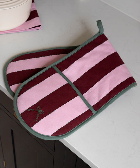 Double Oven Glove - Bold Stripe Burgundy Christmas Avery Row Wholesale 