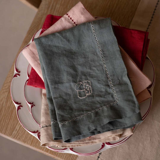 Embroidered Linen Napkins, Set of 2 - Pine Green Christmas Avery Row Wholesale 