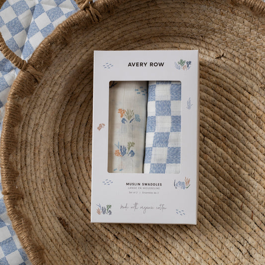 Organic Cotton Baby Muslin Swaddles, Set of 2 - Coastline / Waves Avery Row Wholesale 