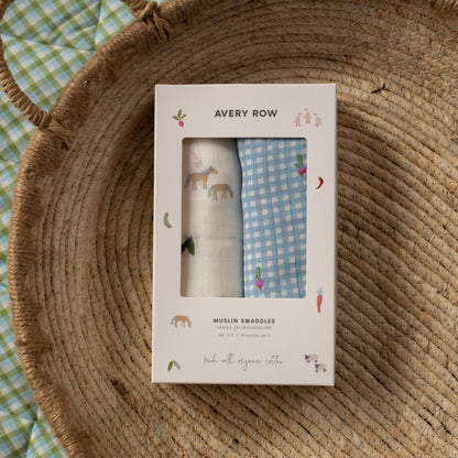 Organic Cotton Baby Muslin Swaddles, Set of 2 - Little Farm / Radish Avery Row Wholesale 