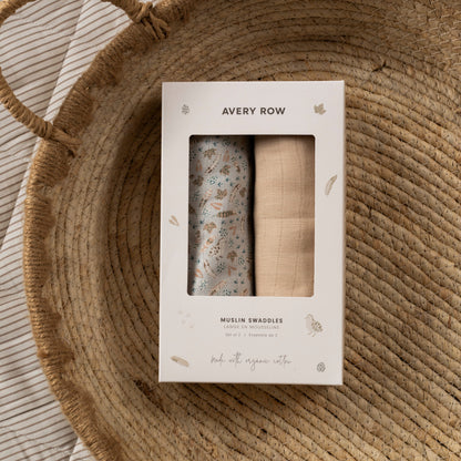 Organic Cotton Baby Muslin Swaddles, Set of 2 - Nature Trail / Natural Avery Row Wholesale 