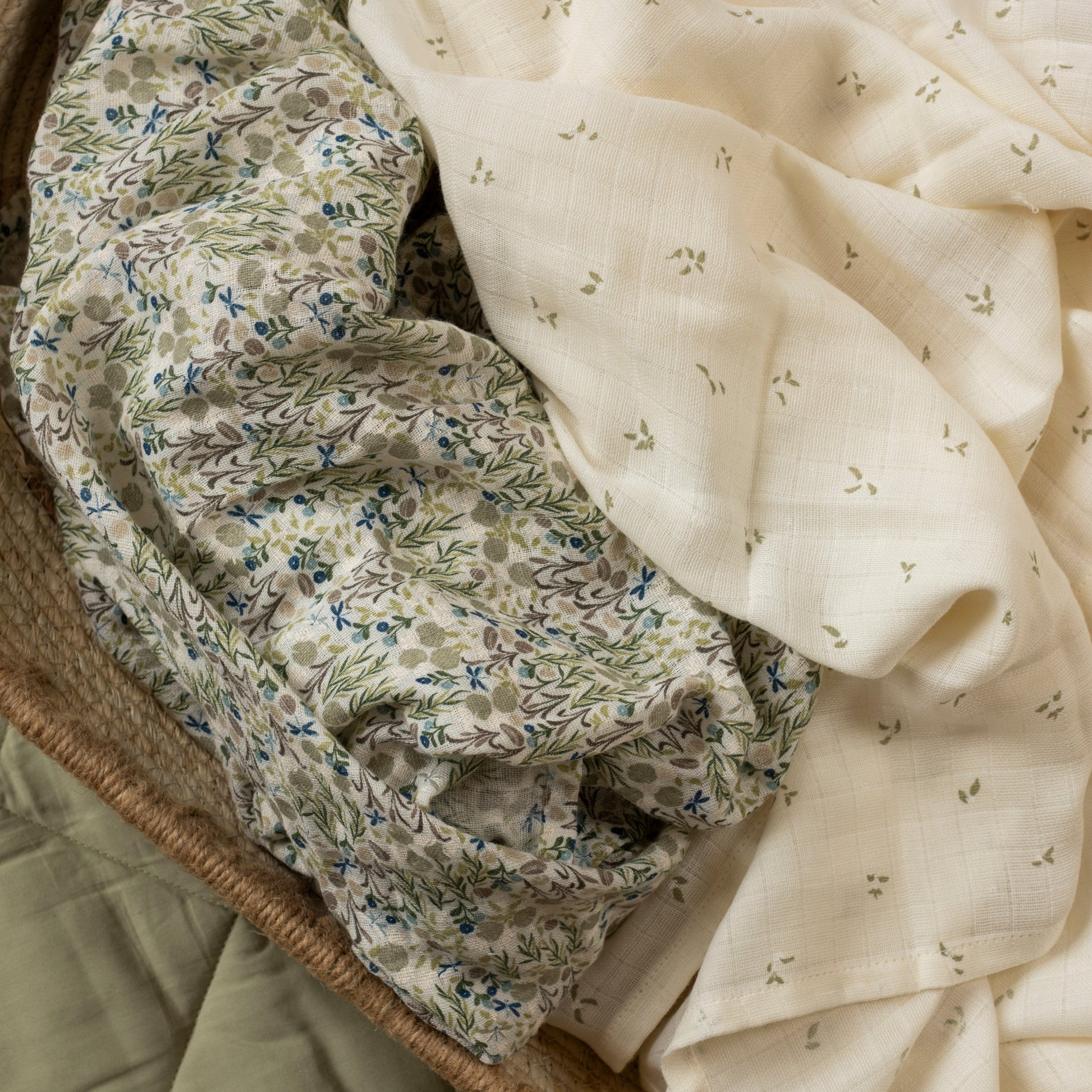 Organic Cotton Baby Muslin Swaddles, Set of 2 - Riverbank / Nettle Scatter Avery Row Wholesale 
