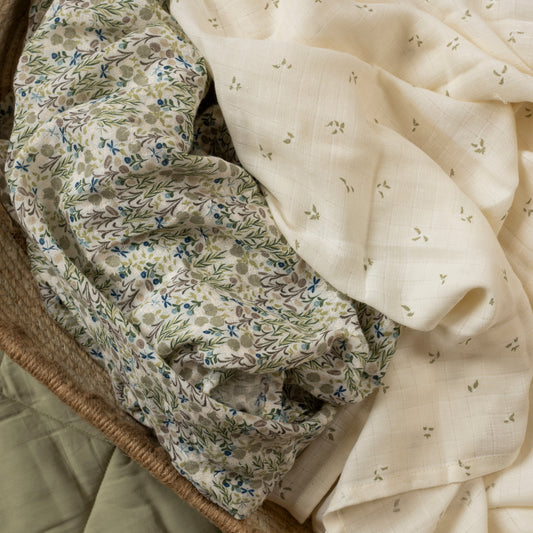 Organic Cotton Baby Muslin Swaddles, Set of 2 - Riverbank / Nettle Scatter Avery Row Wholesale 