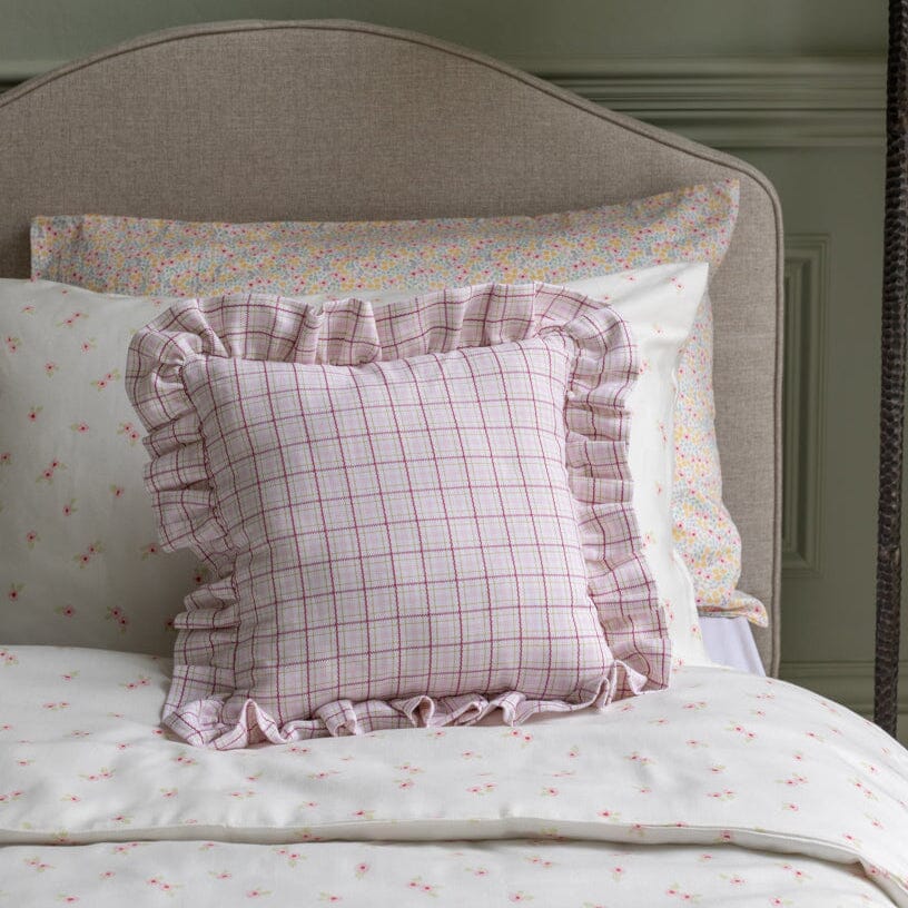 Square Linen Frill Cushion - Pink Check Avery Row Wholesale 